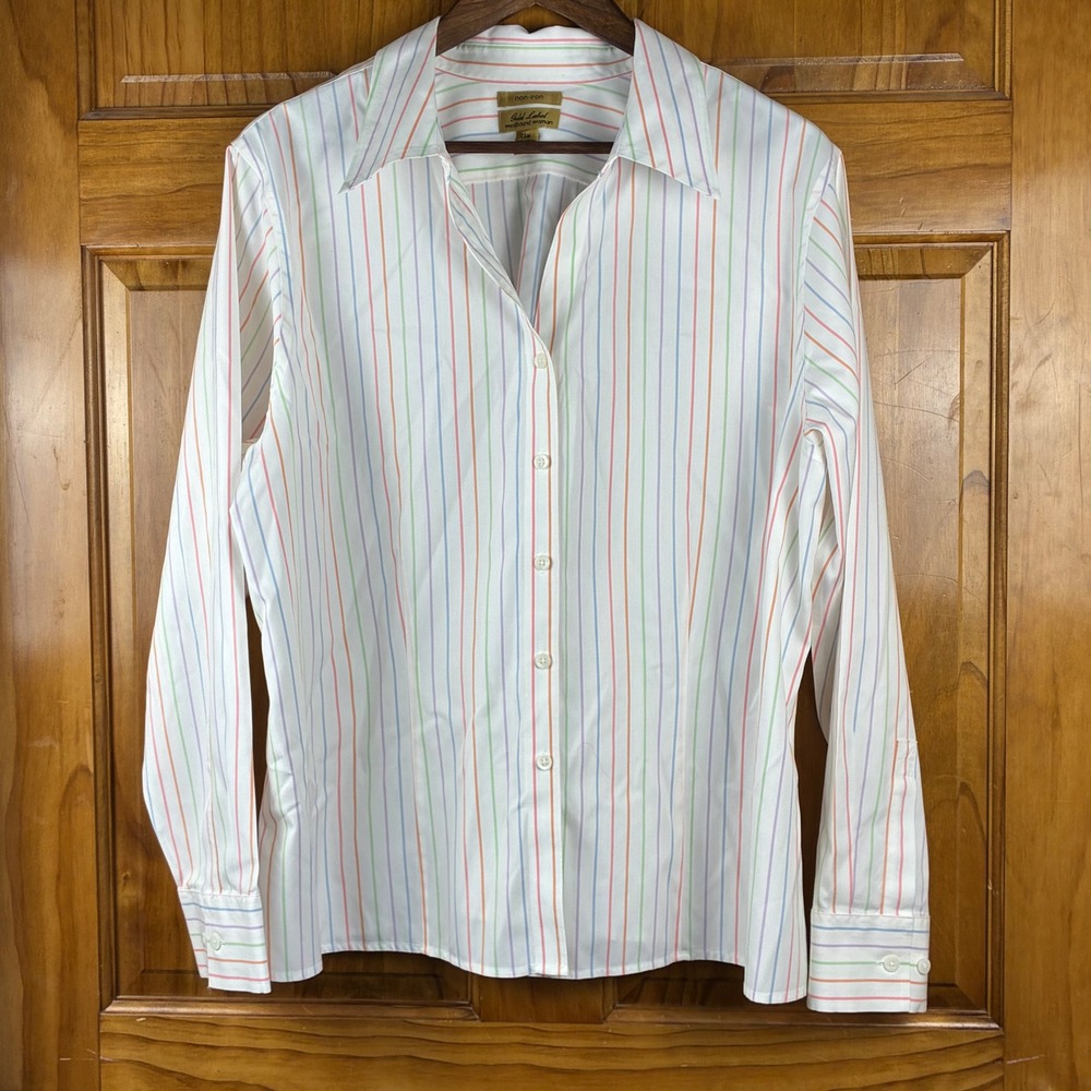 Westbound Woman 16W Gold Label White Multi Color Stripe Non-Iron Shirt Nautical